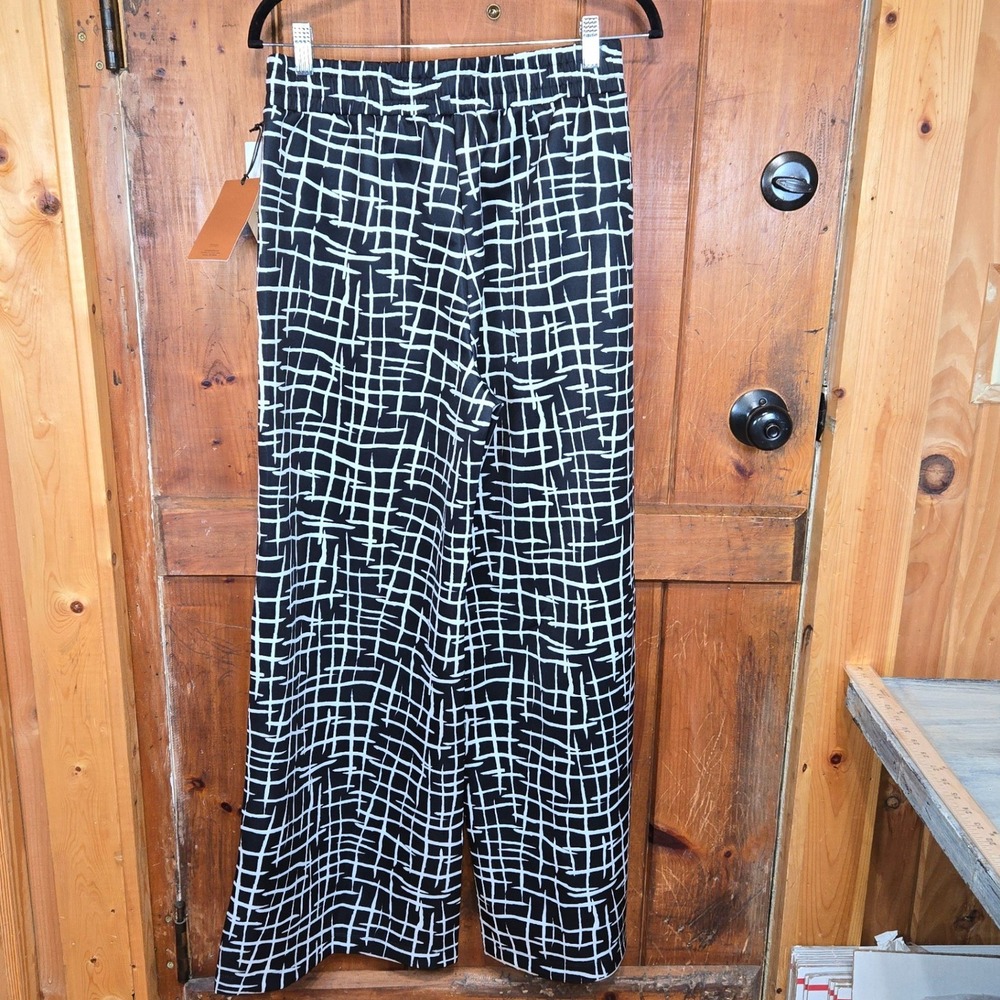 Nordstrom‎ Cristina Martinez Black White Ladder Grid Wide Leg Snap Pants Medium - Picture 4 of 6